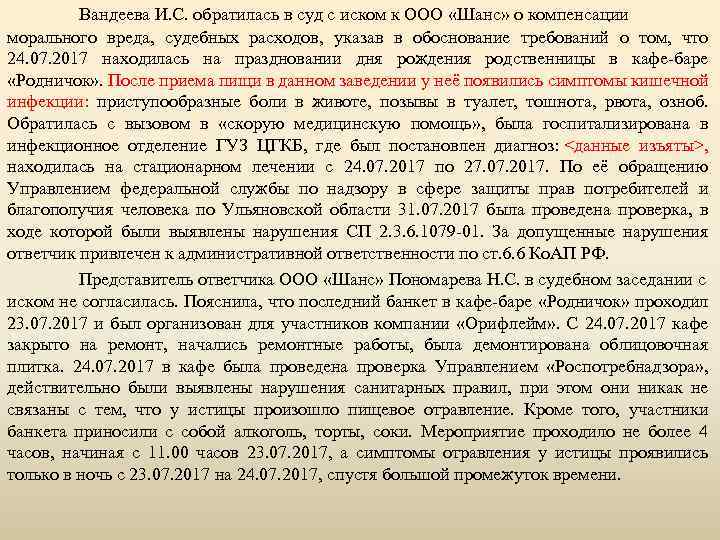  Вандеева И. С. обратилась в суд с иском к ООО «Шанс» о компенсации