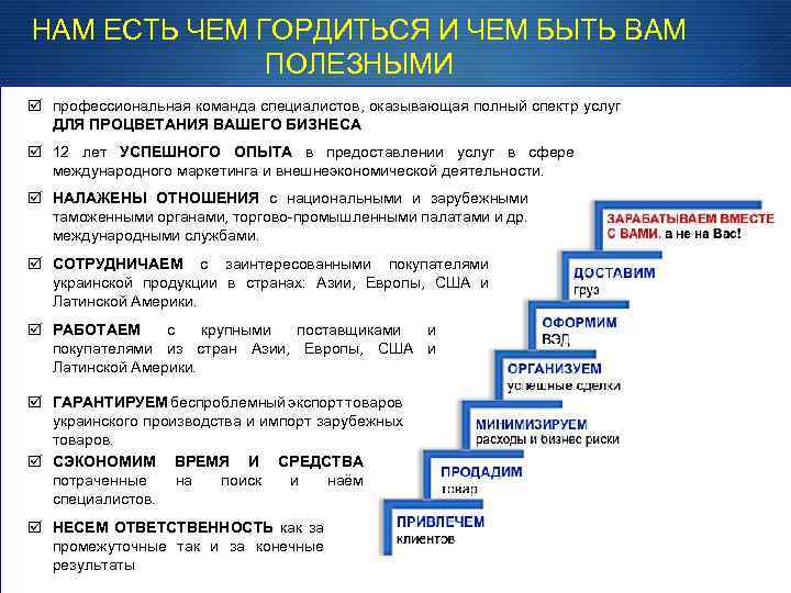 НАМ ЕСТЬ ЧЕМ ГОРДИТЬСЯ И ЧЕМ БЫТЬ ВАМ ПОЛЕЗНЫМИ профессиональная команда специалистов, оказывающая полный