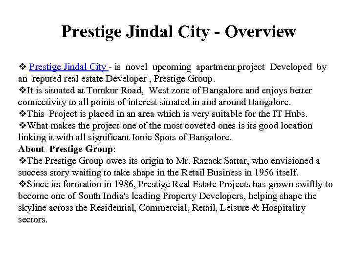 Prestige Jindal City - Overview v Prestige Jindal City - is novel upcoming apartment