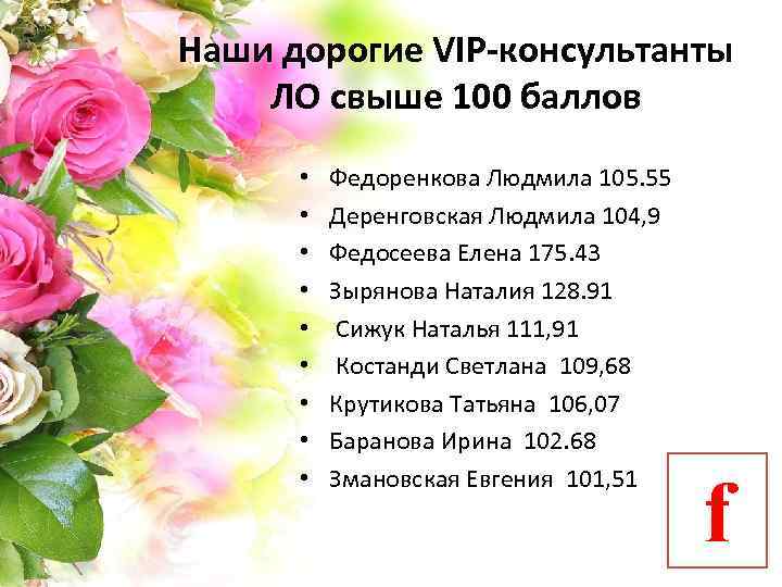 Наши дорогие VIP-консультанты ЛО свыше 100 баллов • • • Федоренкова Людмила 105. 55