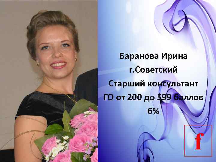 Баранова Ирина г. Советский Старший консультант ГО от 200 до 599 баллов 6% f