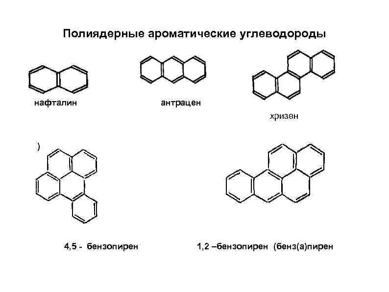 Полиядерные ароматические углеводороды нафталин антрацен хризен ) 4, 5 - бензопирен 1, 2 –бензопирен