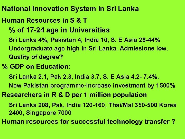 National Innovation System in Sri Lanka Human Resources in S & T % of