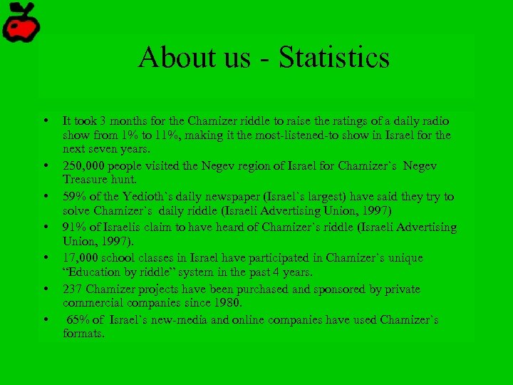 About us - Statistics • • It took 3 months for the Chamizer riddle