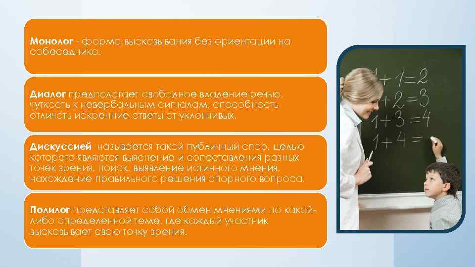 Монолог - форма высказывания без ориентации на собеседника. Диалог предполагает свободное владение речью, чуткость