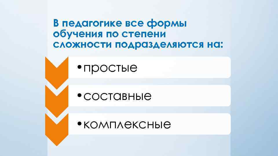 В педагогике все формы обучения по степени сложности подразделяются на: • простые • составные