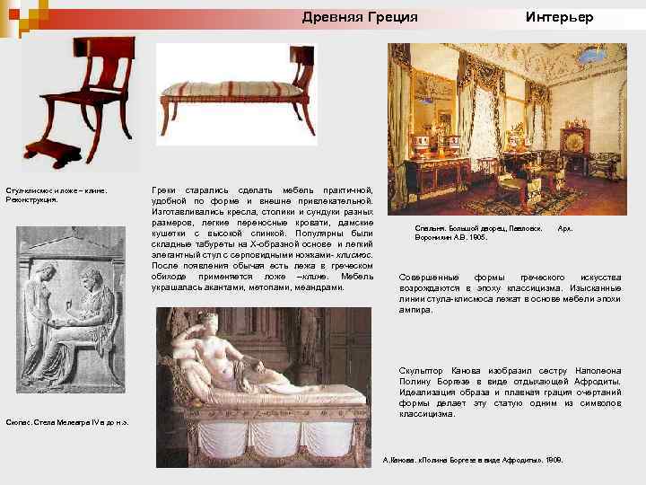 Древняя Греция Интерьер Стул-клисмос и ложе – клине. Реконструкция. Скопас. Стела Мелеагра IV в