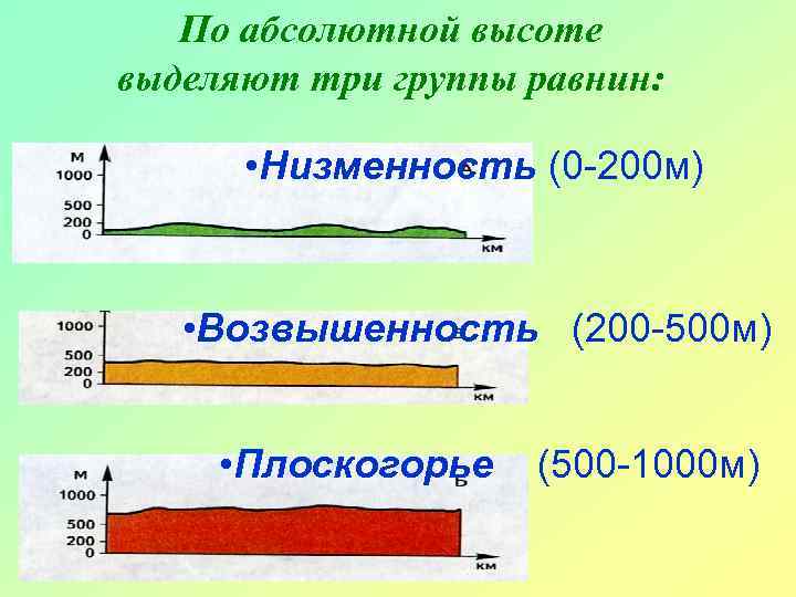 По абсолютной высоте выделяют три группы равнин: • Низменность (0 -200 м) • Возвышенность