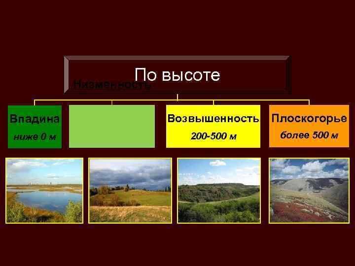 По высоте Низменность Впадина Возвышенность Плоскогорье ниже 0 м 200 -500 м более 500