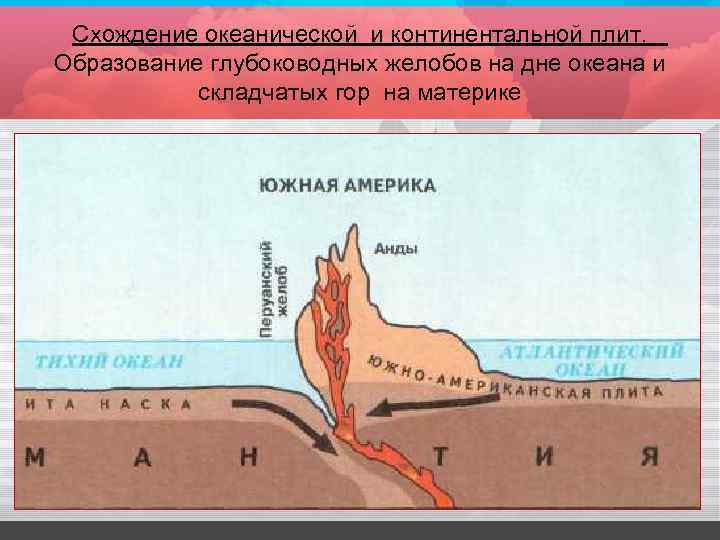 Схождение океанической и континентальной плит. Образование глубоководных желобов на дне океана и складчатых гор