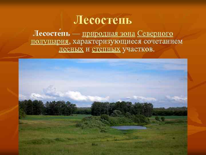 Лесостепь Лесосте пь — природная зона Северного полушария, характеризующиеся сочетанием лесных и степных участков.