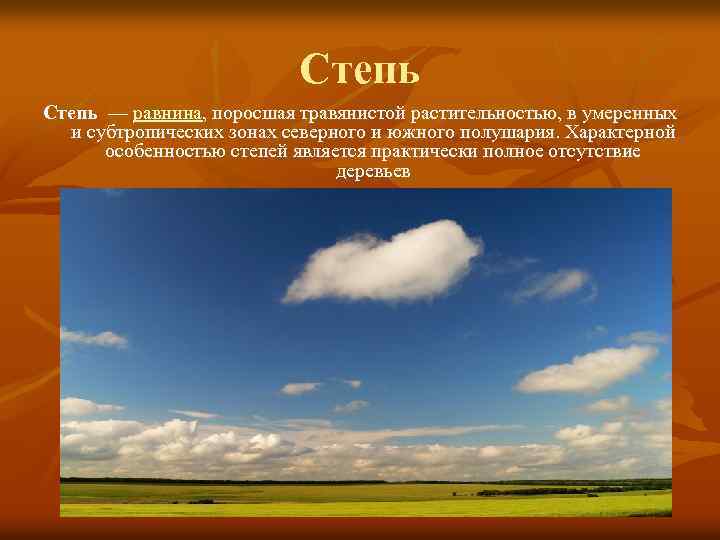 Степь — равнина, поросшая травянистой растительностью, в умеренных и субтропических зонах северного и южного