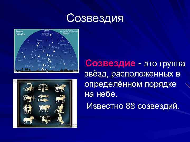 Созвездия Созвездие - это группа звёзд, расположенных в определённом порядке на небе. Известно 88