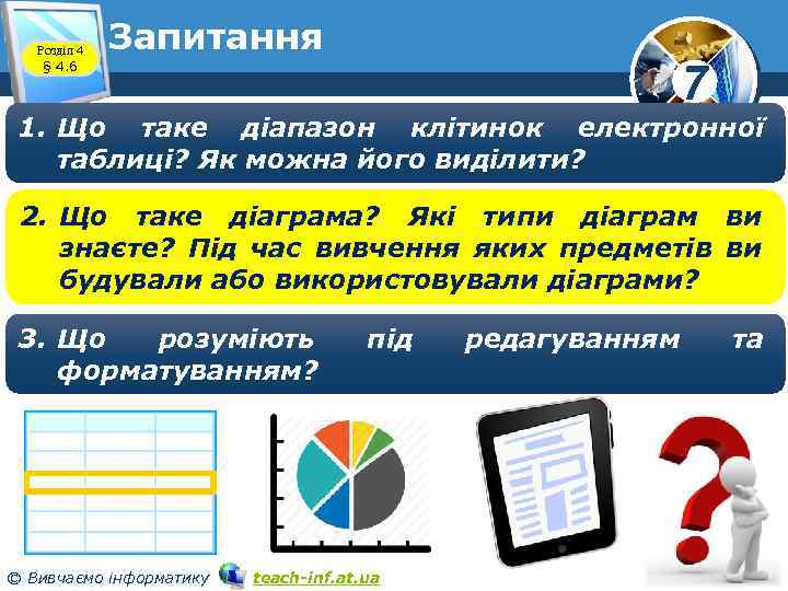 Розділ 4 § 4. 6 Запитання 7 1. Що таке діапазон клітинок електронної таблиці?