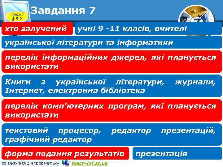 Розділ 5 § 5. 2 Завдання 7 хто залучений учні 9 -11 класів, вчителі