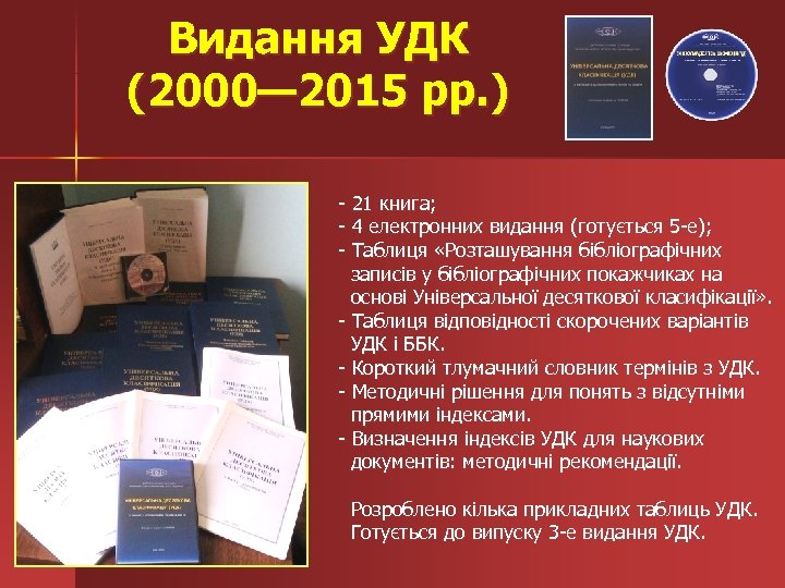 Видання УДК (2000— 2015 рр. ) - 21 книга; - 4 електронних видання (готується
