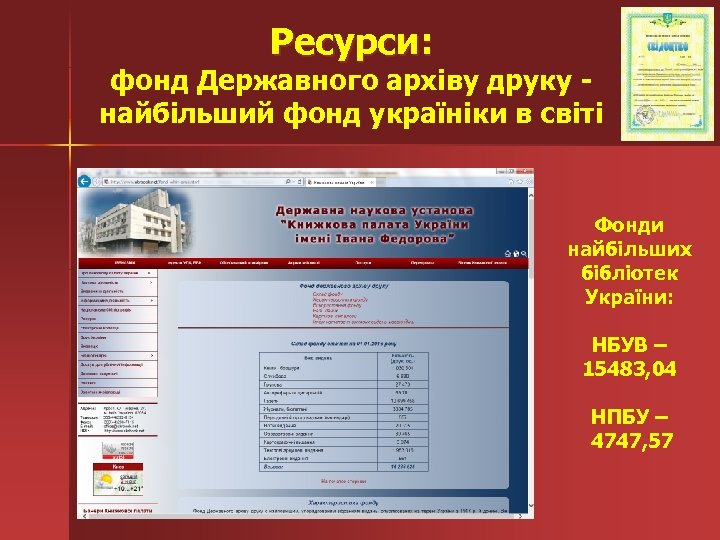 Ресурси: фонд Державного архіву друку найбільший фонд україніки в світі Фонди найбільших бібліотек України: