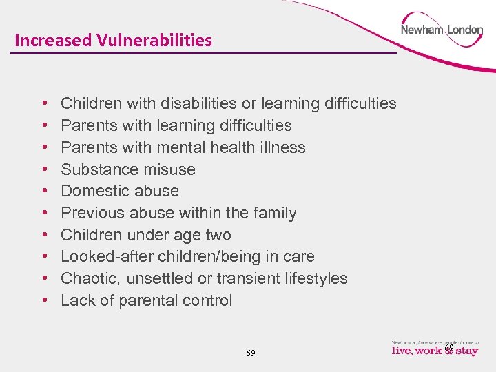 Increased Vulnerabilities • • • Children with disabilities or learning difficulties Parents with mental