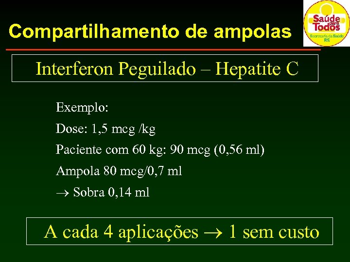 Compartilhamento de ampolas Interferon Peguilado – Hepatite C Exemplo: Dose: 1, 5 mcg /kg