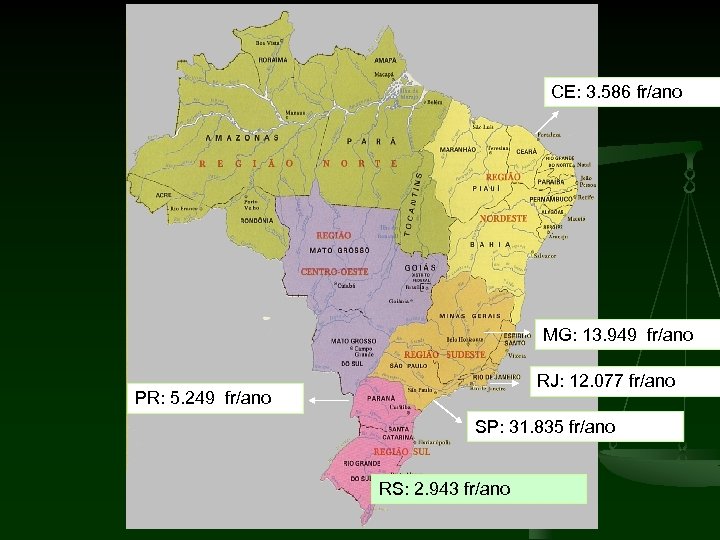 CE: 3. 586 fr/ano MG: 13. 949 fr/ano RJ: 12. 077 fr/ano PR: 5.