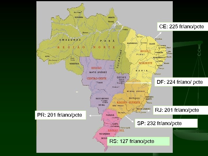 CE: 225 fr/ano/pcte DF: 224 fr/ano/ pcte RJ: 201 fr/ano/pcte PR: 201 fr/ano/pcte SP: