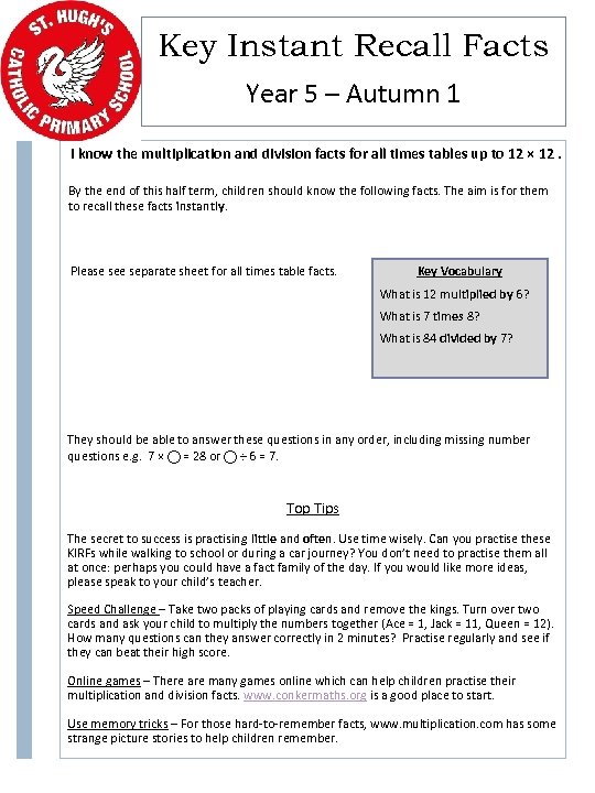 Key Instant Recall Facts Year 5 – Autumn 1 I know the multiplication and
