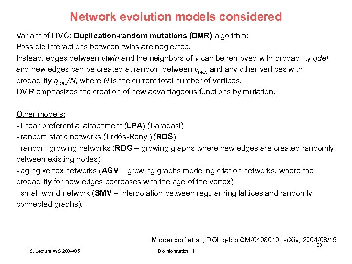 Network evolution models considered Variant of DMC: Duplication-random mutations (DMR) algorithm: Possible interactions between