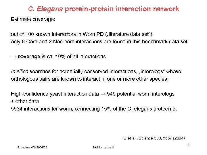 C. Elegans protein-protein interaction network Estimate coverage: out of 108 known interactors in Worm.