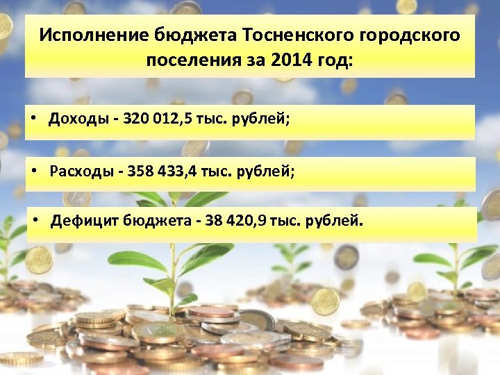 Исполнение бюджета Тосненского городского поселения за 2014 год: • Доходы - 320 012, 5
