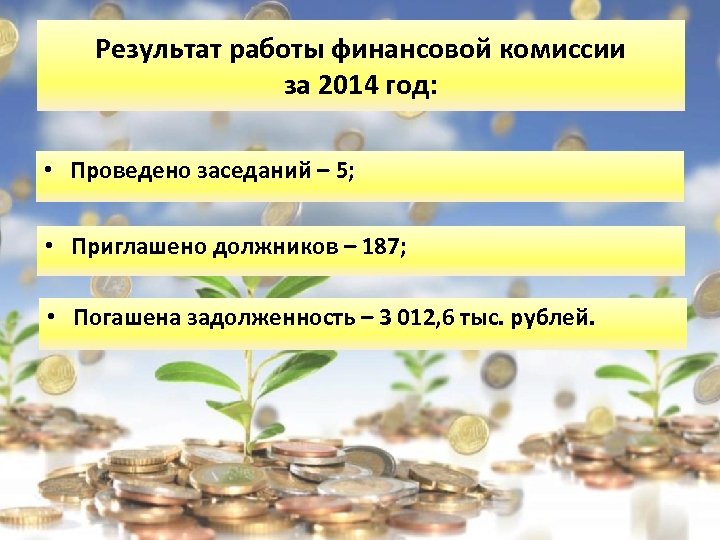 Результат работы финансовой комиссии за 2014 год: • Проведено заседаний – 5; • Приглашено