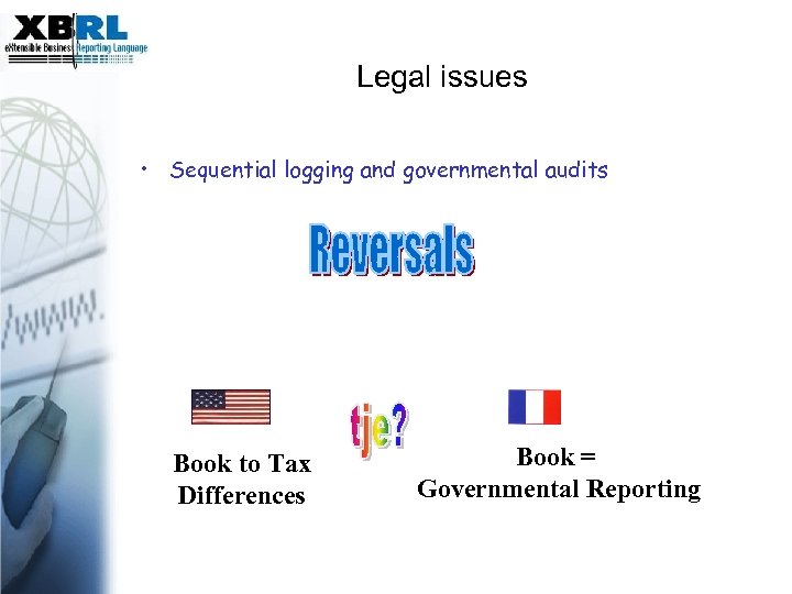 Legal issues • Sequential logging and governmental audits Book to Tax Differences Book =