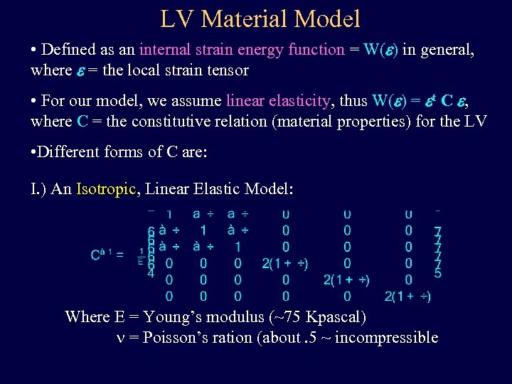 LV Material Model • Defined as an internal strain energy function = W(e) in