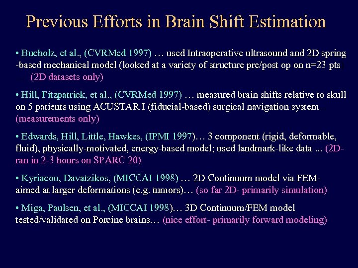 Previous Efforts in Brain Shift Estimation • Bucholz, et al. , (CVRMed 1997) …