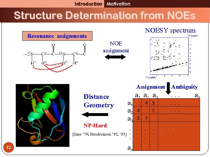Introduction Motivation Structure Determination from NOEs NOESY spectrum Resonance assignments NOE assignment Distance Geometry
