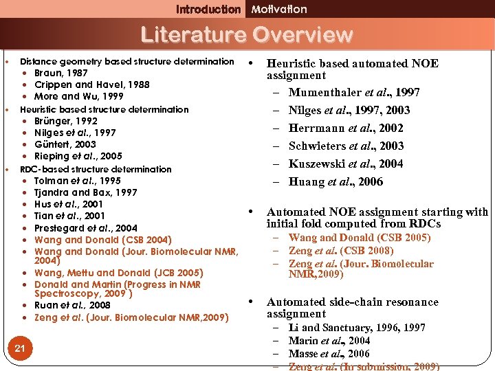 Introduction Motivation Literature Overview Distance geometry based structure determination Braun, 1987 Crippen and Havel,