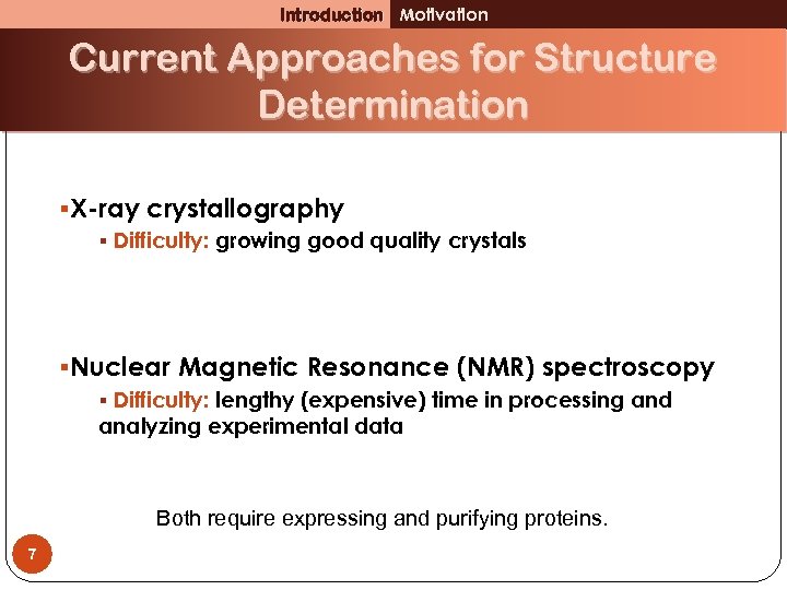Introduction Motivation Current Approaches for Structure Determination §X-ray crystallography § Difficulty: growing good quality