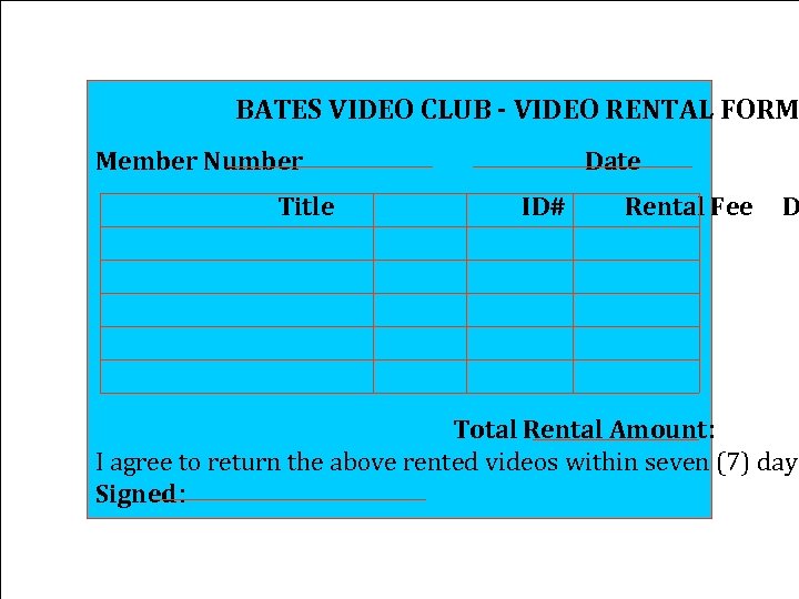 BATES VIDEO CLUB - VIDEO RENTAL FORM Member Number Title Date ID# Rental Fee