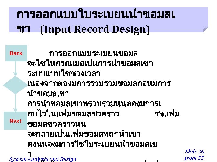 การออกแบบใบระเบยนนำขอมลเ ขา (Input Record Design) การออกแบบระเบยนขอมล จะใชในกรณเมอเปนการนำขอมลเขา ระบบแบบใชชวงเวลา เนองจากตองมการรวบรวมขอมลกอนมการ นำขอมลเขา การนำขอมลเขาทรวบรวมนนตองมการเ กบไวในแฟมขอมลชวคราว ซงแฟม Next