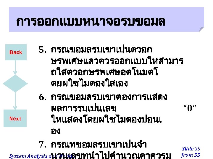 การออกแบบหนาจอรบขอมล 5. กรณขอมลรบเขาเปนตวอก ษรพเศษแลวควรออกแบบใหสามาร ถใสตวอกษรพเศษอตโนมตโ ดยผใชไมตองใสเอง 6. กรณขอมลรบเขาตองการแสดง ผลการรบเปนเลข “ 0” Next ใหแสดงโดยผใชไมตองปอนเ อง