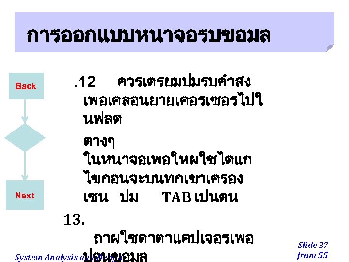 การออกแบบหนาจอรบขอมล. 12 ควรเตรยมปมรบคำสง เพอเคลอนยายเคอรเซอรไปใ นฟลด ตางๆ ในหนาจอเพอใหผใชไดแก ไขกอนจะบนทกเขาเครอง Next เชน ปม TAB เปนตน 13.