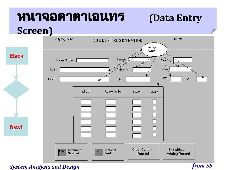 หนาจอดาตาเอนทร (Data Entry Screen) Back Next System Analysis and Design Slide 39 from 55