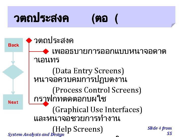 วตถประสงค Back Next (ตอ ( วตถประสงค เพออธบายการออกแบบหนาจอดาต าเอนทร (Data Entry Screens) หนาจอควบคมการปฏบตงาน (Process Control