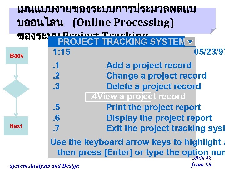 เมนแบบงายของระบบการประมวลผลแบ บออนไลน (Online Processing) ของระบบ Project TRACKING SYSTEM Tracking PROJECT Back 1: 15 .