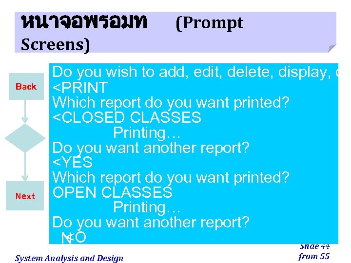 หนาจอพรอมท (Prompt Screens) Back Next Do you wish to add, edit, delete, display, or