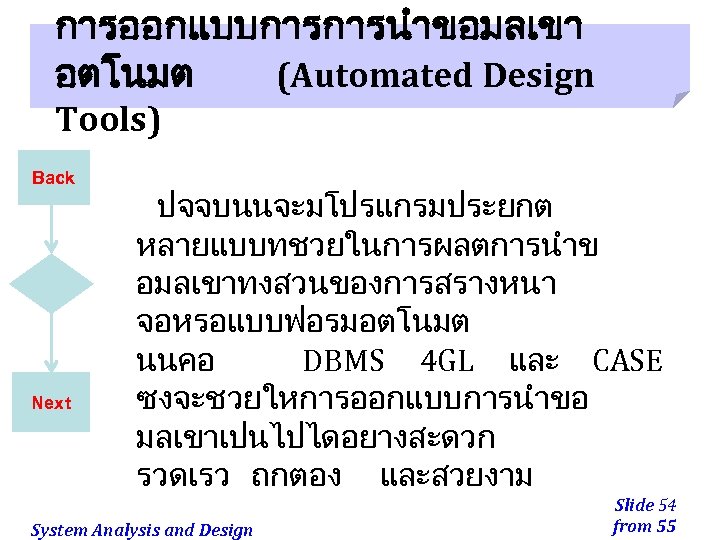 การออกแบบการการนำขอมลเขา อตโนมต (Automated Design Tools) Back Next ปจจบนนจะมโปรแกรมประยกต หลายแบบทชวยในการผลตการนำข อมลเขาทงสวนของการสรางหนา จอหรอแบบฟอรมอตโนมต นนคอ DBMS 4