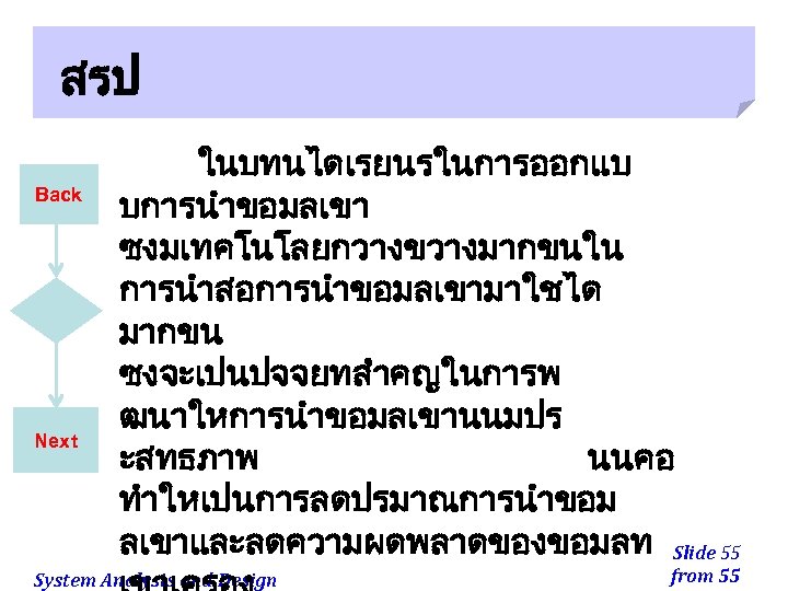 สรป Back Next ในบทนไดเรยนรในการออกแบ บการนำขอมลเขา ซงมเทคโนโลยกวางขวางมากขนใน การนำสอการนำขอมลเขามาใชได มากขน ซงจะเปนปจจยทสำคญในการพ ฒนาใหการนำขอมลเขานนมปร ะสทธภาพ นนคอ ทำใหเปนการลดปรมาณการนำขอม ลเขาและลดความผดพลาดของขอมลท