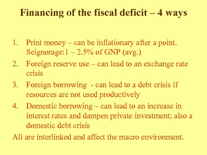 Financing of the fiscal deficit – 4 ways 1. Print money – can be