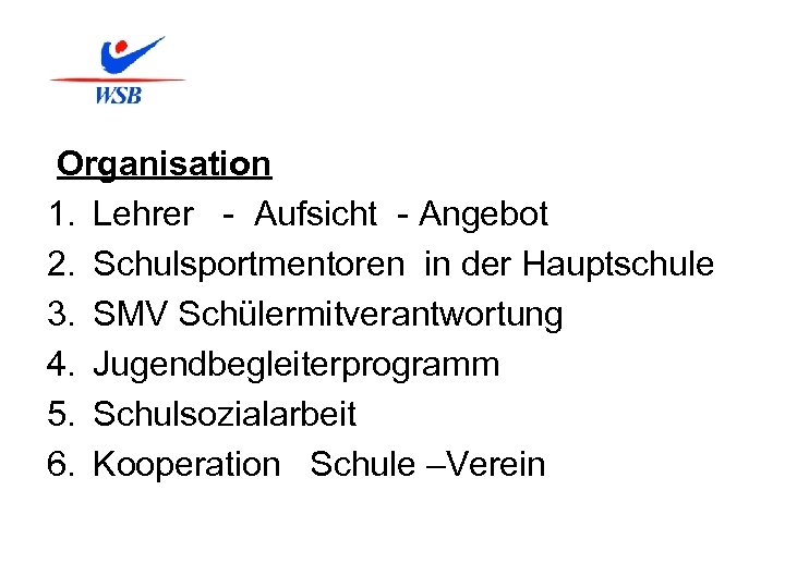 Organisation 1. Lehrer - Aufsicht - Angebot 2. Schulsportmentoren in der Hauptschule 3.