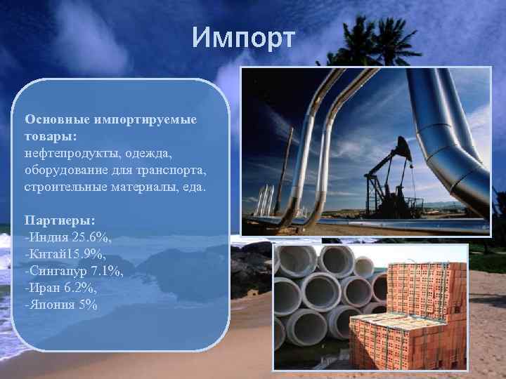 Импорт Основные импортируемые товары: нефтепродукты, одежда, оборудование для транспорта, строительные материалы, еда. Партнеры: -Индия