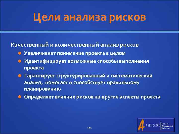 Цели анализа рисков Качественный и количественный анализ рисков Увеличивает понимание проекта в целом Идентифицирует